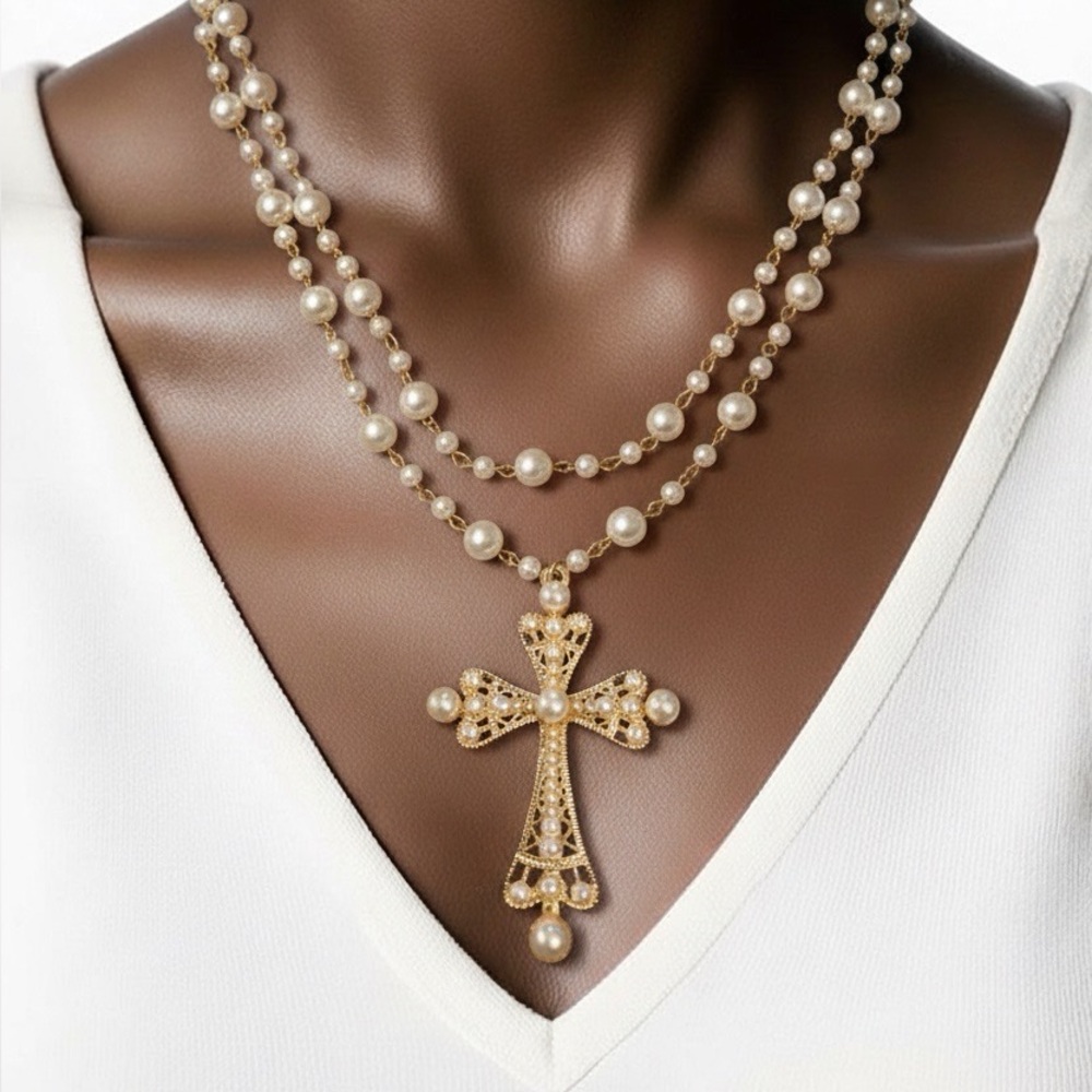 Elegant Gold and Pearl Cross Necklace